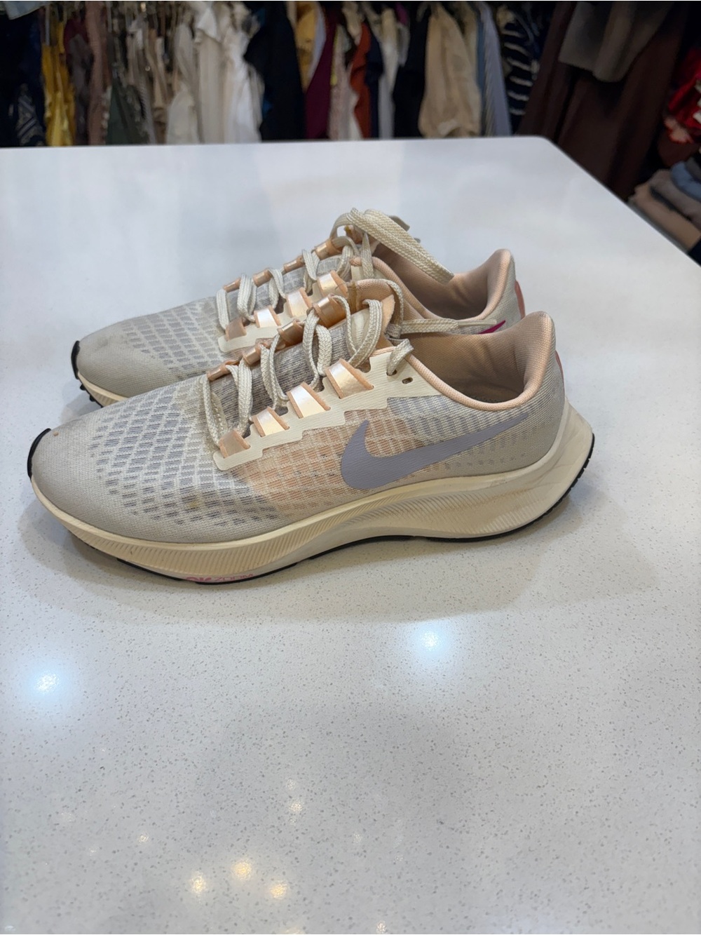 Nike Women's Cream and Light Pink Running Shoes with Gray Swoosh